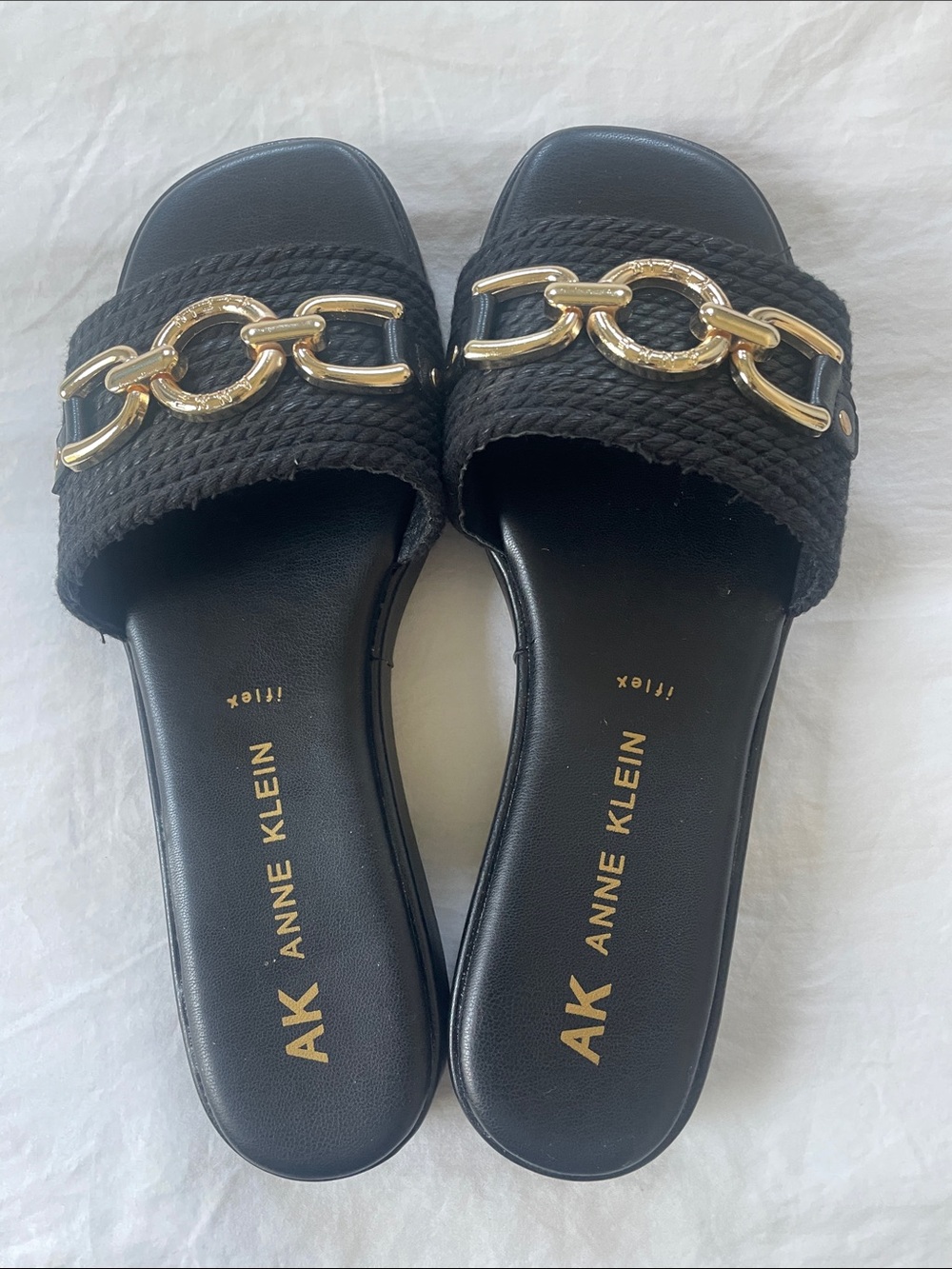 Anne Klein Black Slide Sandals with Gold Chain Accent